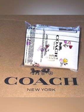 COACH Mini Skinny ID Card Case Keychain Wallet Heart Print w Gold Hardware CW967